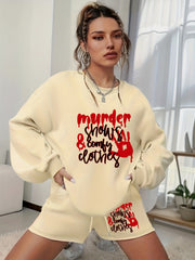 Women's Plus Size Hand & Letter Print Sweatshirt & Shorts Set