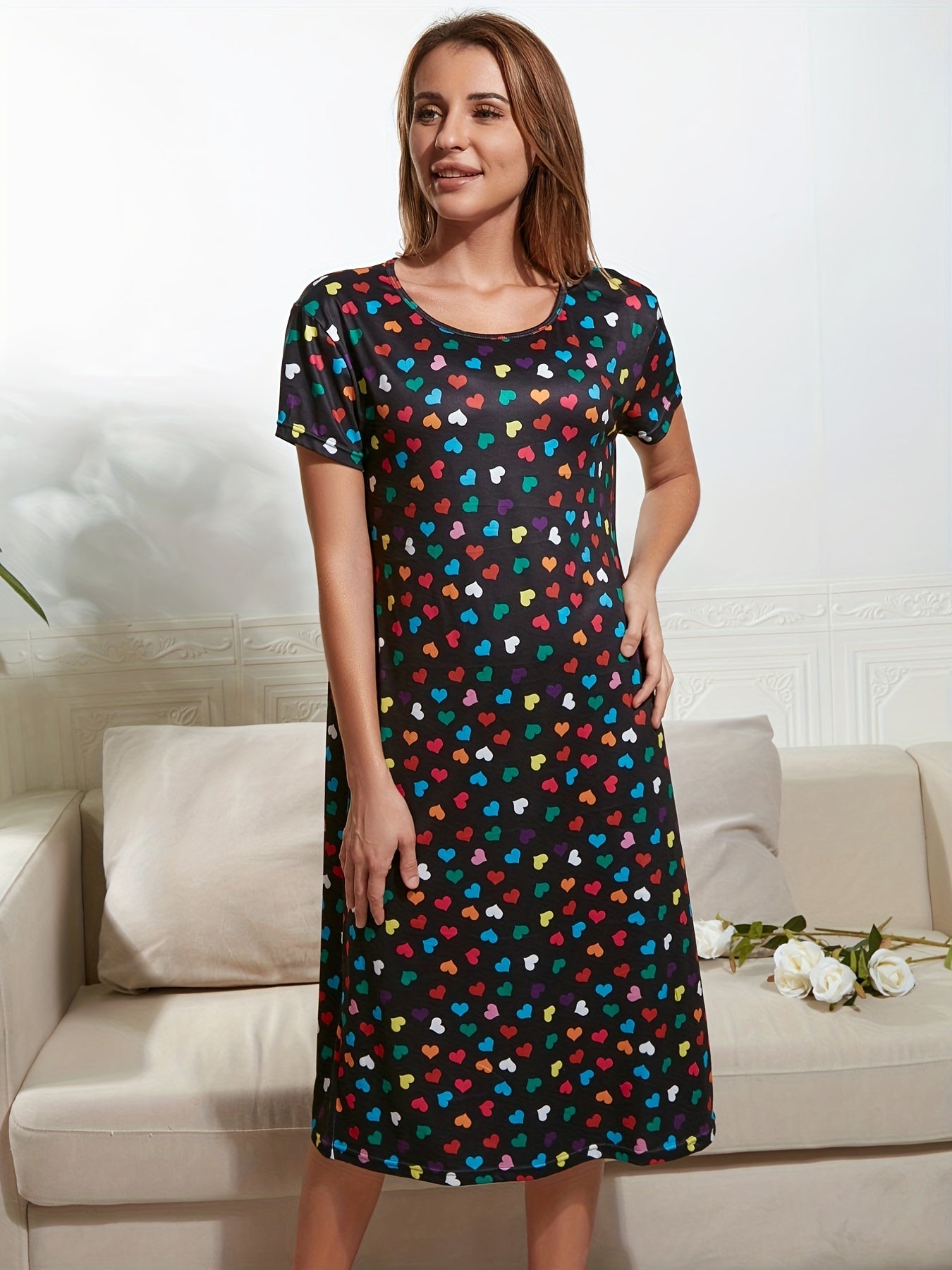 Heart Print Lounge Dress Short Sleeve Crew Neck Women's Loungewear