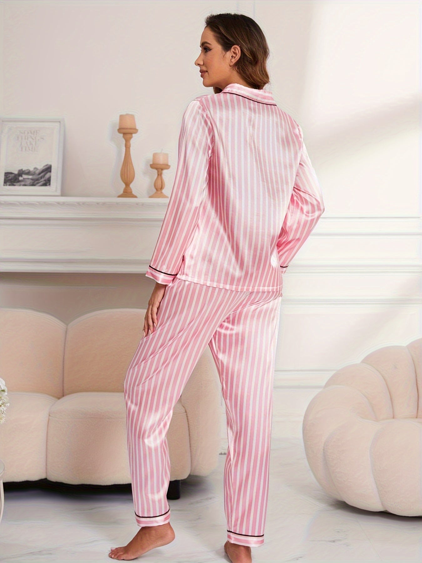 Striped Satin Pajama Set Long Sleeve Top & Pants