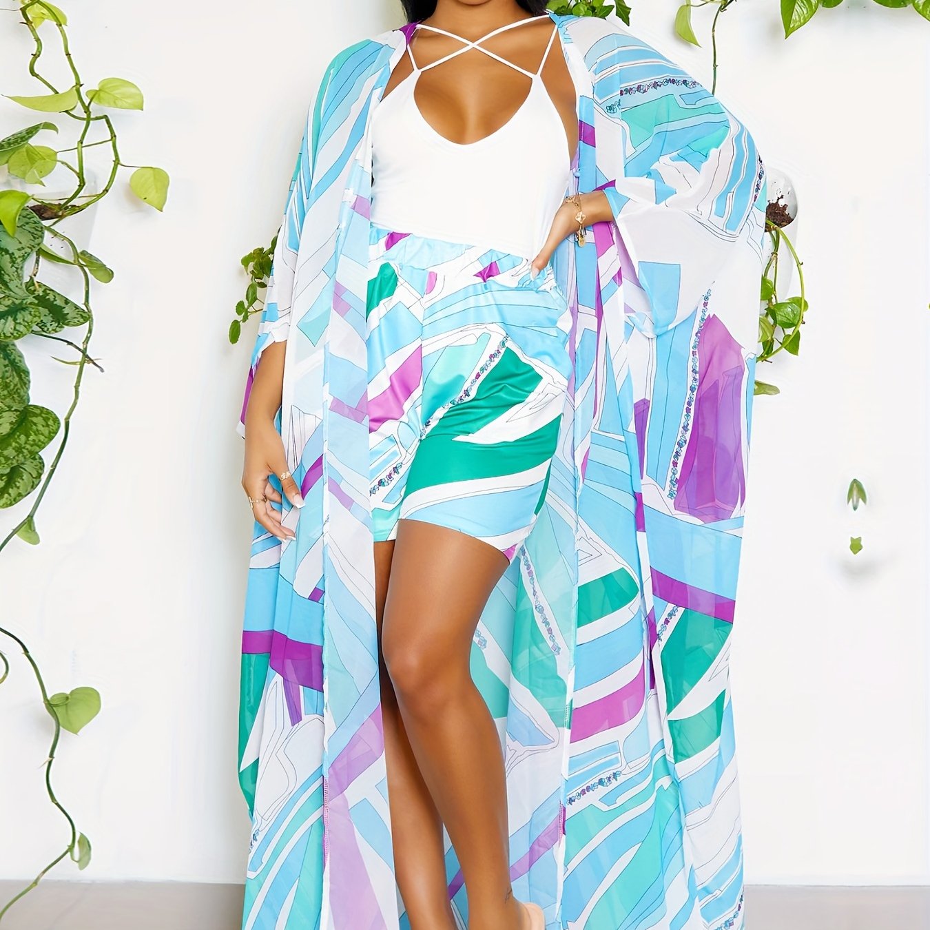 Women's Plus Geometric Print Cover Up & Shorts Set