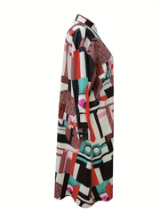 Colorblock Geometric Print Shirt Dress