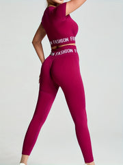 Letter Printed Short Sleeve and Leggings Set for Yoga