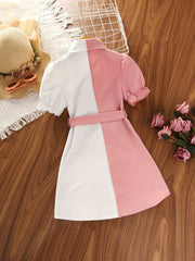 Girls Causal Block Puff Sleeve Button Down Lapel Dress With Belt