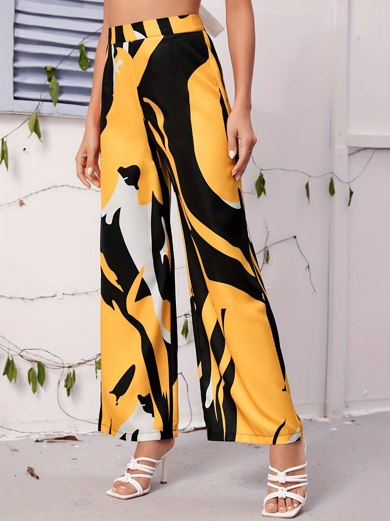 Wide Leg Loose Pants High Waist Contrast Waist With Pockets
