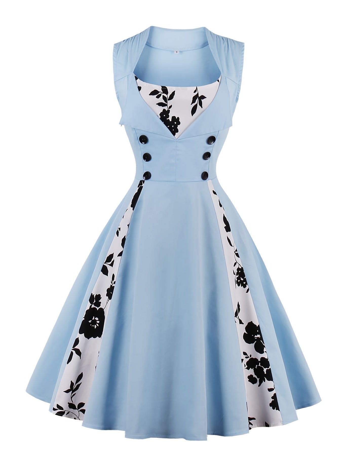 Retro Contrast Block Dress Button Sleeveless Waist Swing Dress