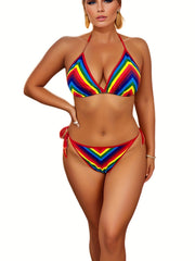Rainbow High Leg Cut Bikini Set Stretch Vacay Swimsuit