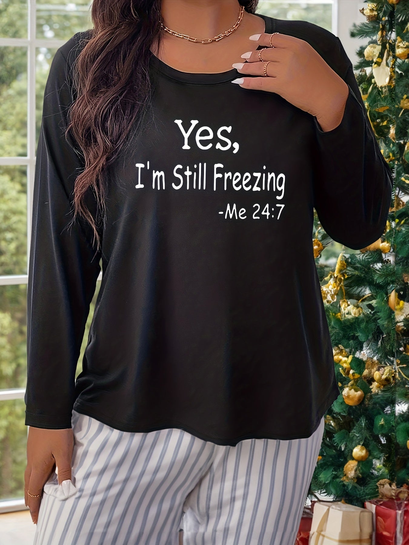 Casual Lounge Top Women's Plus Slogan Print Long Sleeve Pajama Top