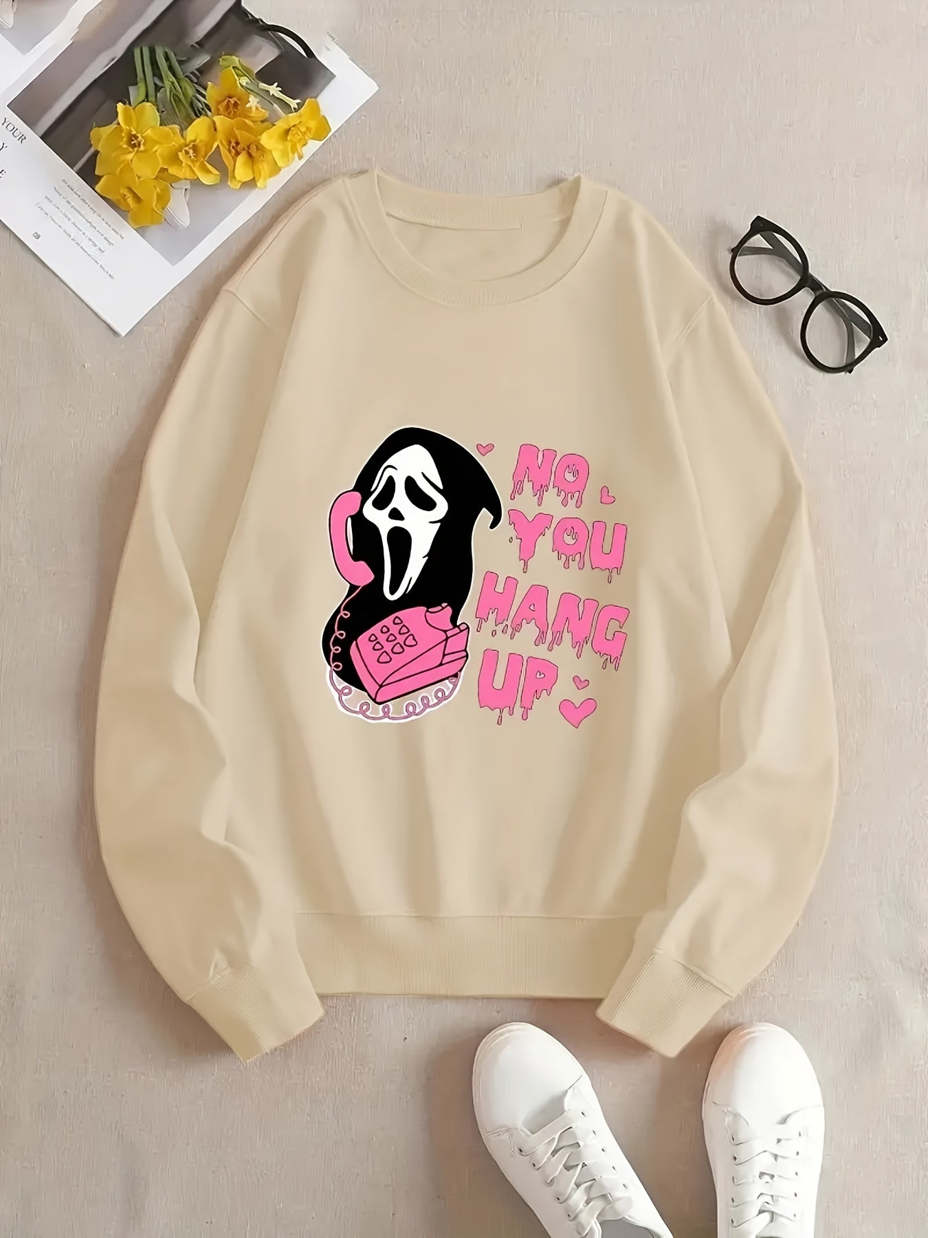 Skull & Letter Print Sweatshirt Crew Neck Casual Women's