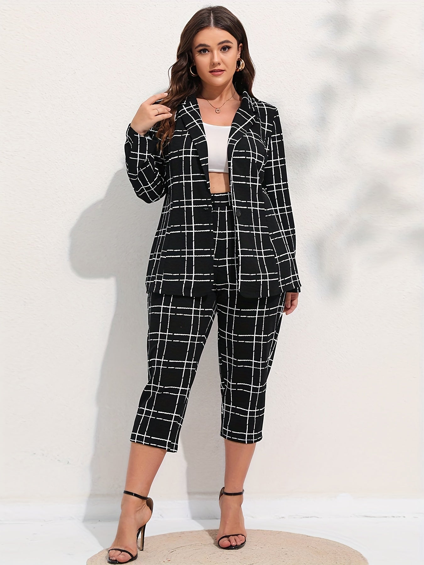 Grid Print Coat & Pants Suit Set