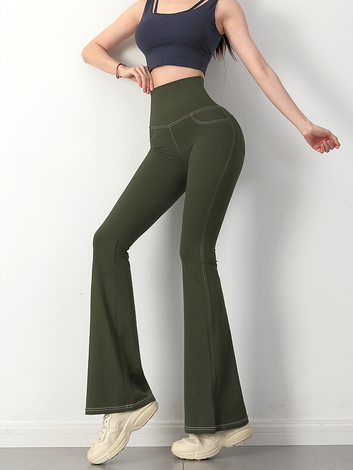 Solid Denim Yoga Pants With Pockets Sports Fitness Flared Leggings