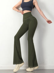 Solid Denim Yoga Pants With Pockets Sports Fitness Flared Leggings