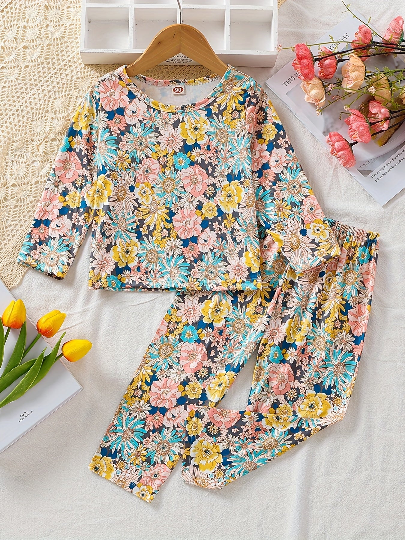 Girl's 2-Piece Floral Pajama Set Long Sleeve Top & Pants Loungewear
