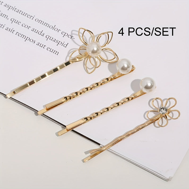 4pcs Golden Hair Clips with Flower & Pearls, Metal Hairpins for Women and Girls