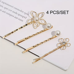 4pcs Golden Hair Clips with Flower & Pearls, Metal Hairpins for Women and Girls
