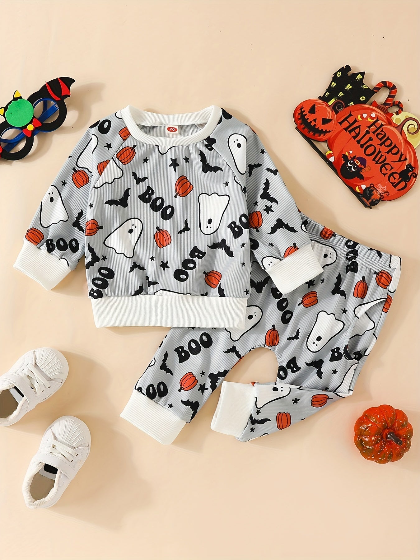 Toddler Halloween Pumpkin Print Sweatshirt and Pants Set