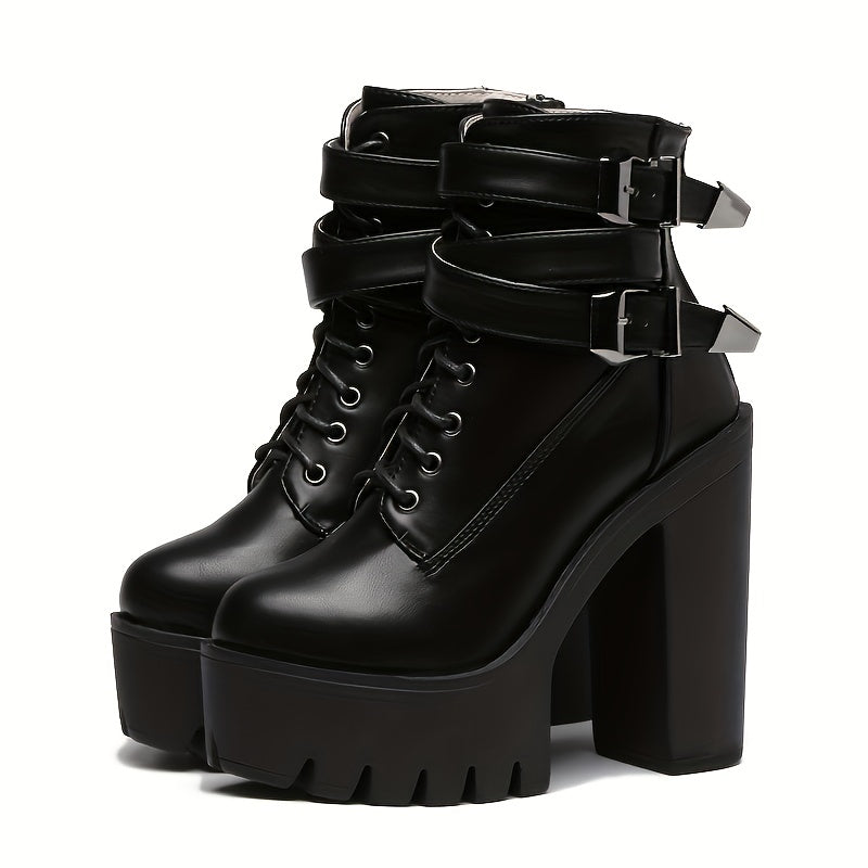 Women's Platform Block Heel Boots Lace Up Ankle Motorcycle Boots