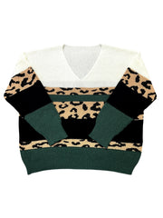 Colorblock Leopard V Neck Sweater