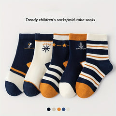 5 Pairs Boy's Cartoon Striped Crew Socks Comfy Casual Style Unisex