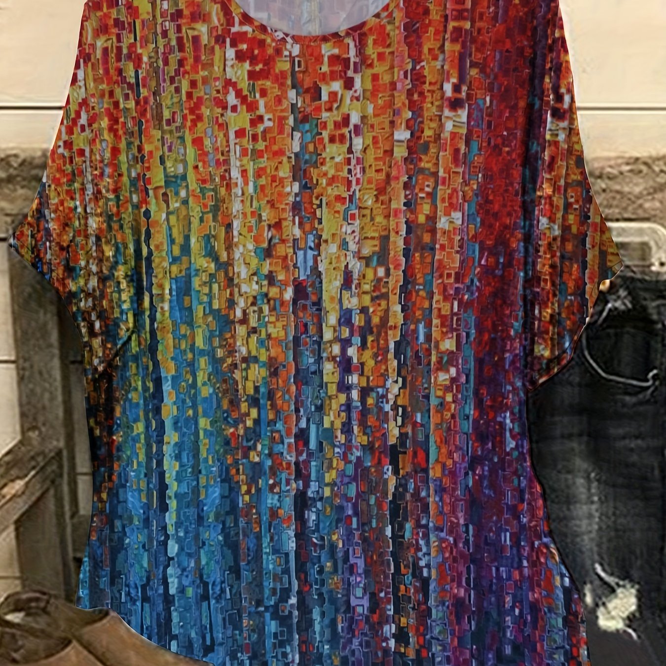 Casual Blouse Women's Plus Allover Print Short Sleeve Round Neck Loose