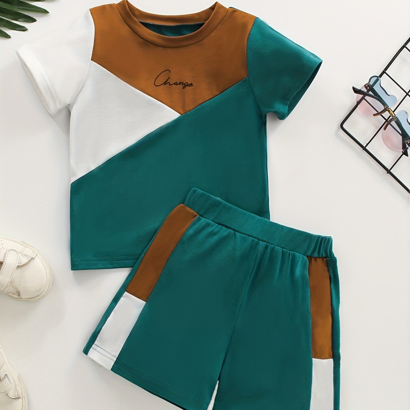Boys Block Print 2pc Short Sleeve Top & Shorts Set