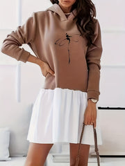 Dragonfly Print Hooded Dress Casual Long Sleeve Stitched Dress