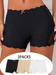 3pcs Lace Boyshort Panties Seamless Scallop Trim Bow Tie Women's Lingerie