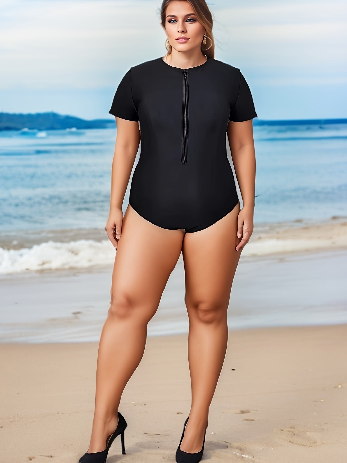 Sporty Swimsuit Women's Plus Solid Zip Up One Piece Bathing Suit