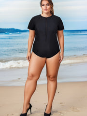 Sporty Swimsuit Women's Plus Solid Zip Up One Piece Bathing Suit