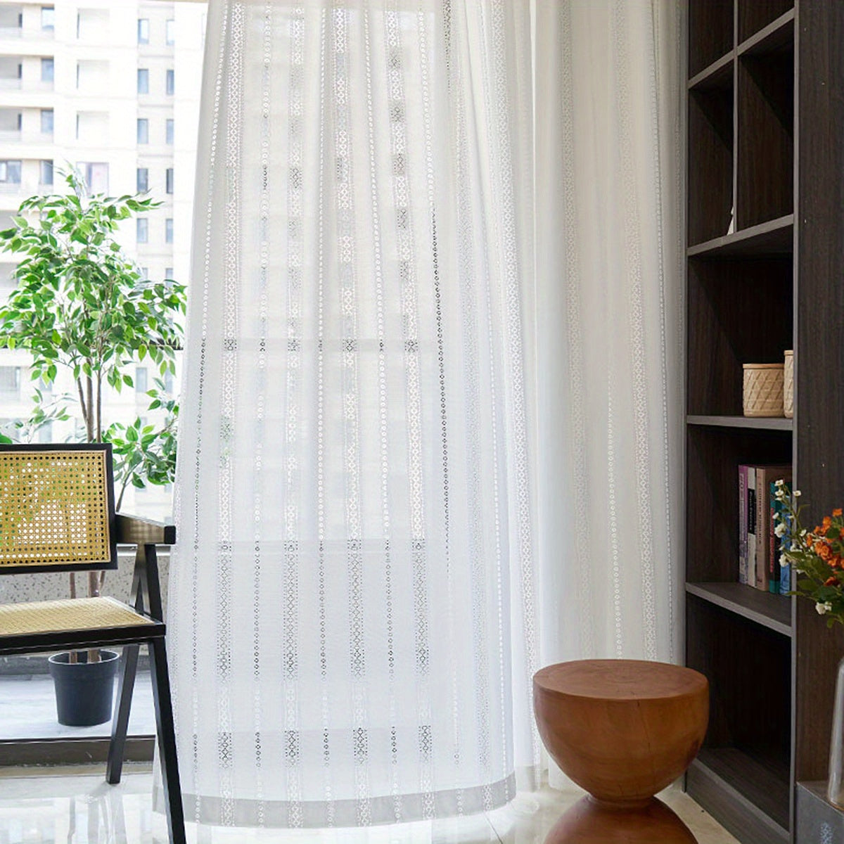 Translucent Sheer Curtain Braided Geometric Striped Rod Pocket Curtain