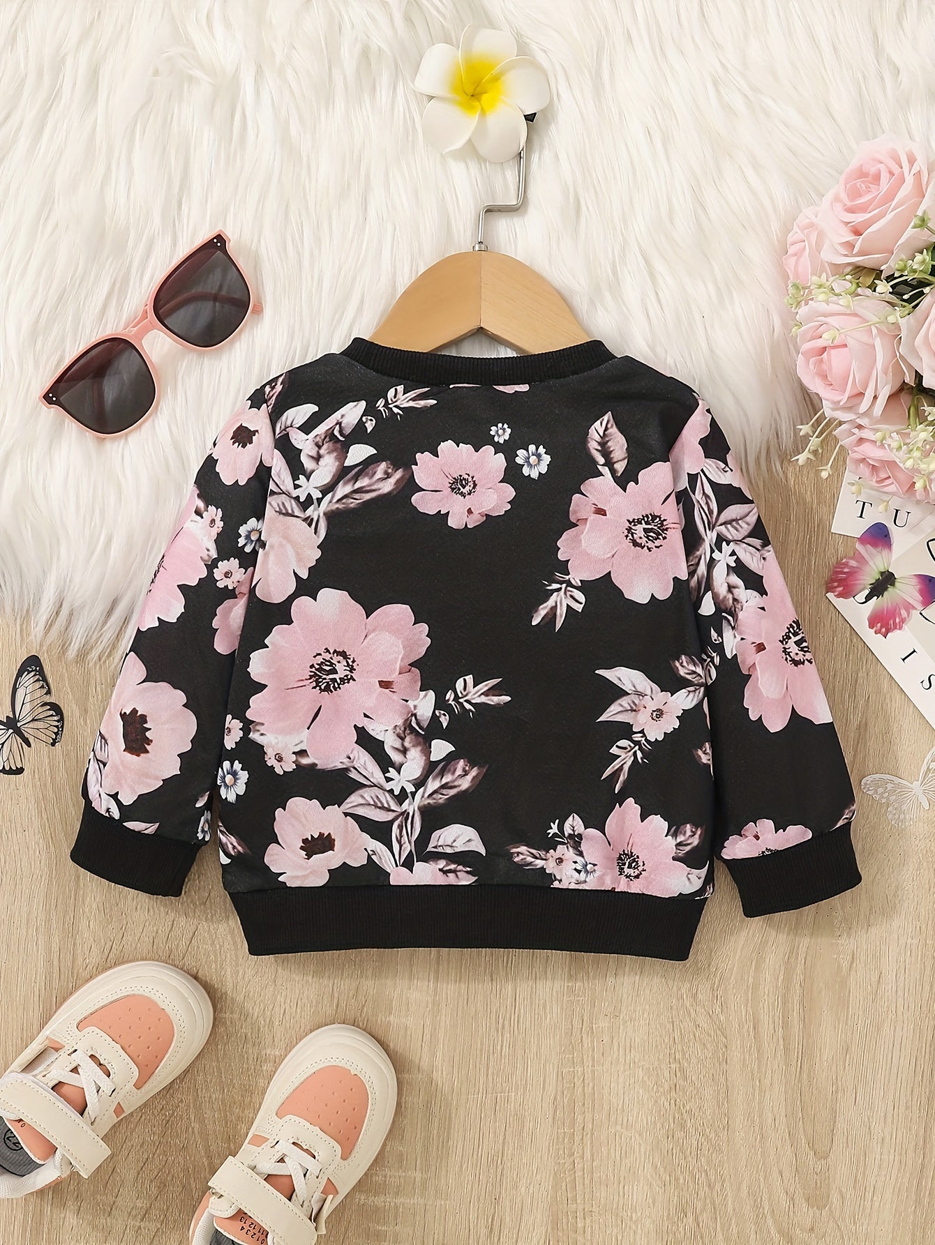 Baby Girls Autumn Floral Ribbed Neck Tops Long Sleeve Blouse Sweatshirt