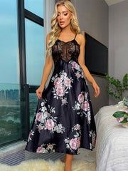 Floral Satin Slip Dress with Lace Trim Nightgown