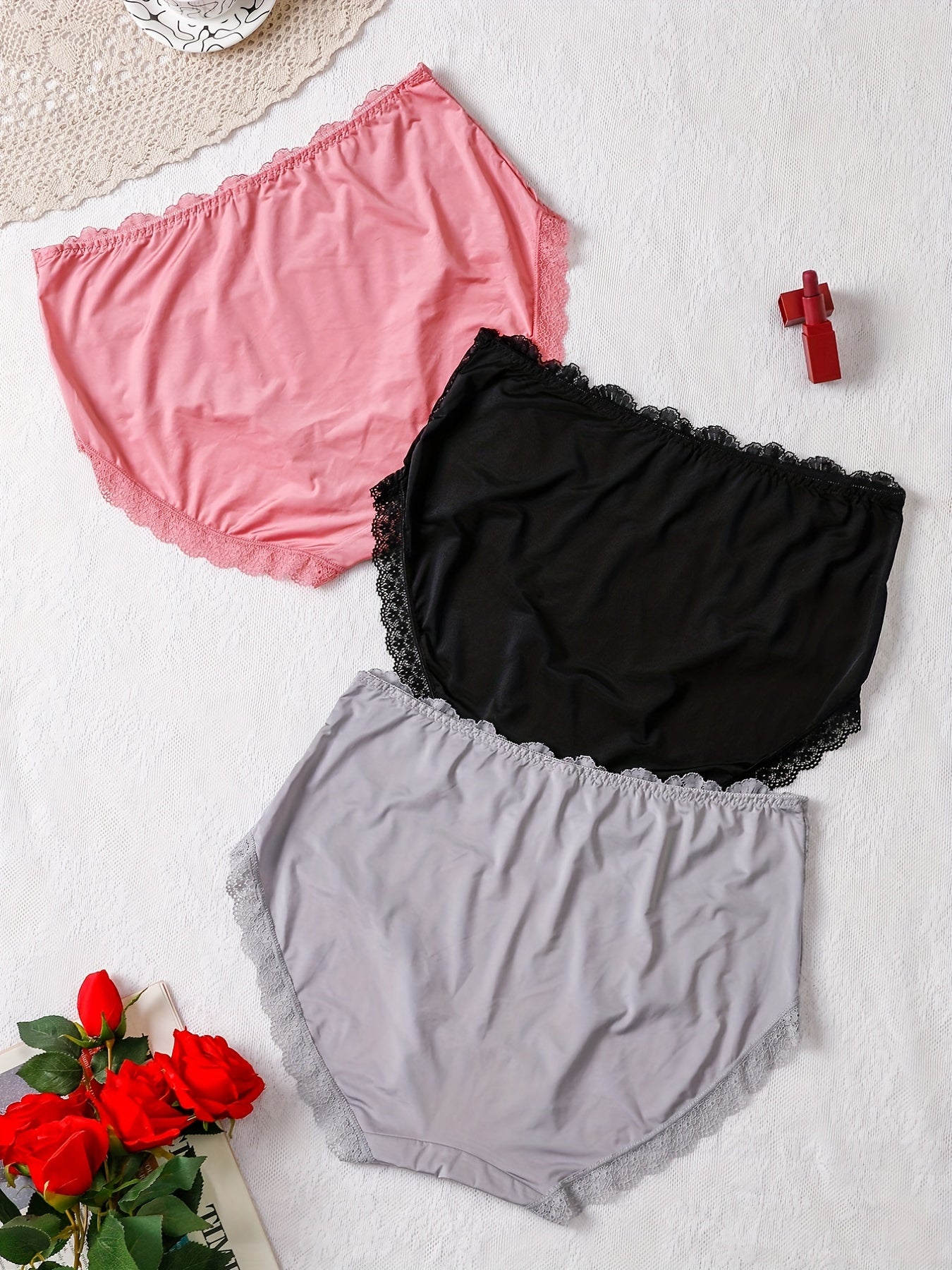 3 Pack Plus Size Lace High Rise Stretchy Briefs Set