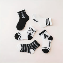 5 Pairs Kids Cartoon Printed Ankle Socks, Comfortable Skin-Friendly