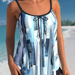 Tie Dye Tankini Set Women's Round Neck Tie Front Cami Top