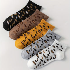 5 Pairs Leopard Crew Socks Soft & Comfy Women's Stockings