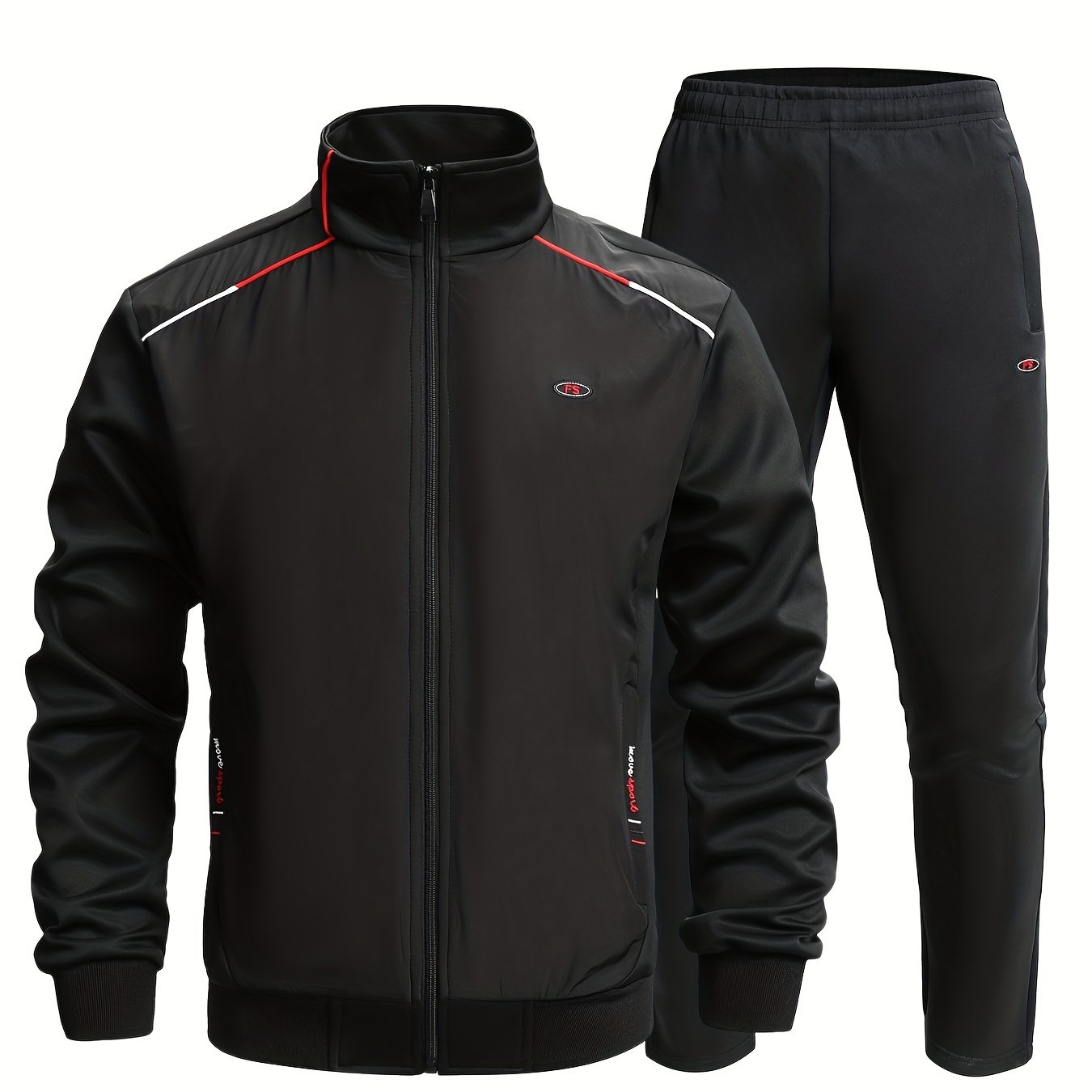 Men's Sports Suit Solid Stand Collar Zip Up Jacket & Stretch Elastic Waist Pants