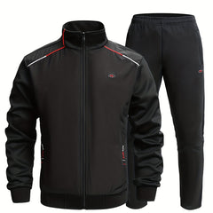 Men's Sports Suit Solid Stand Collar Zip Up Jacket & Stretch Elastic Waist Pants