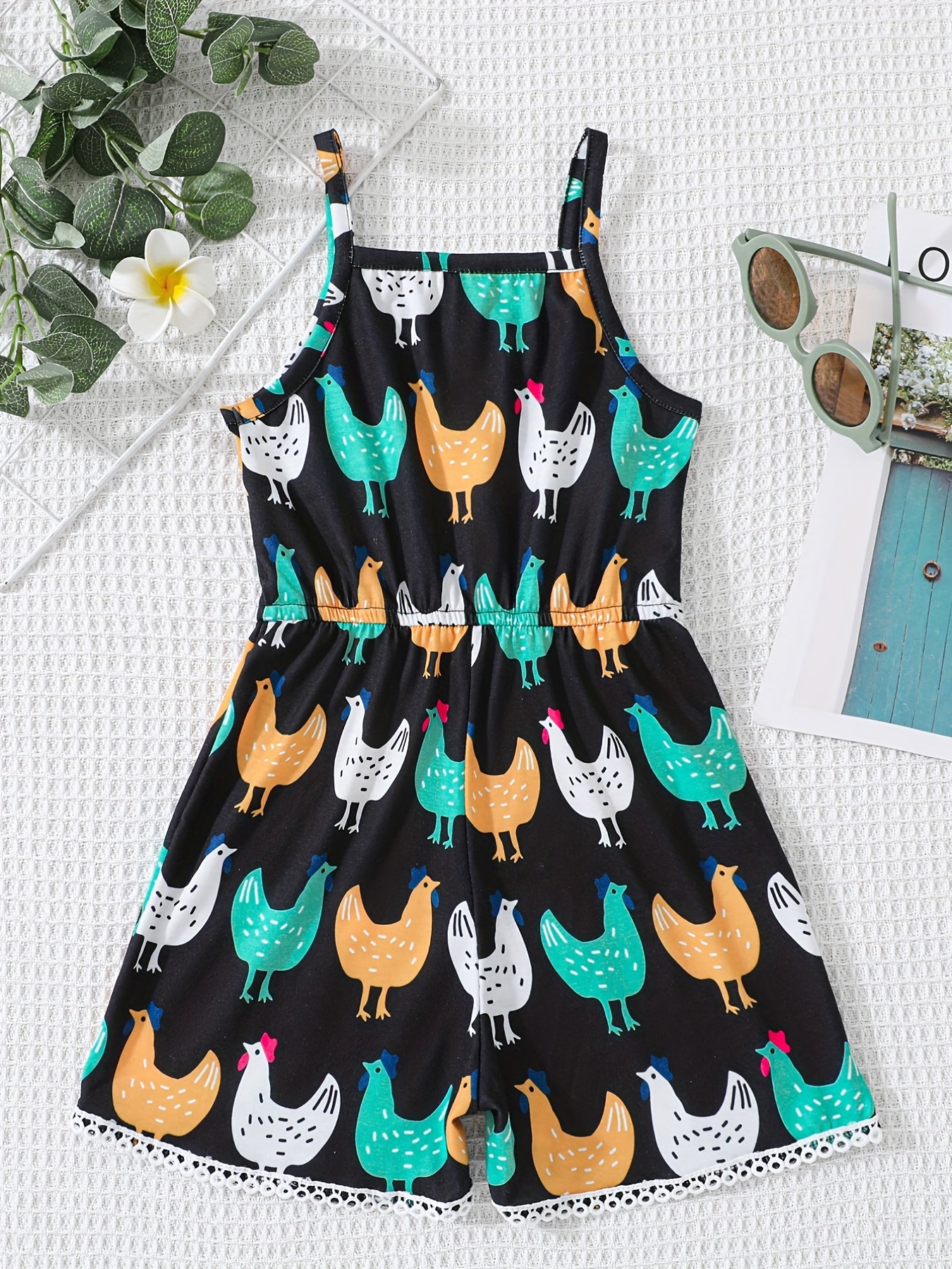 Girls' Chicken Farm Print Romper Jumpsuit