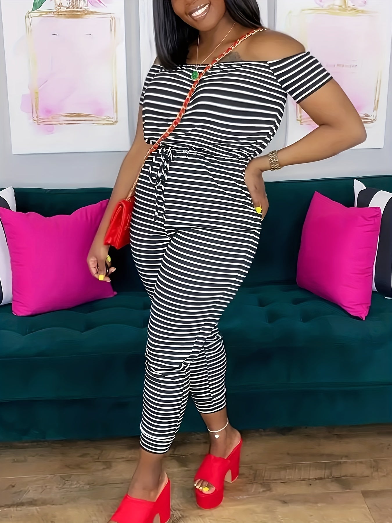 Off Shoulder Drawstring Jumpsuit Casual Short Sleeve Slim Jumpsuit