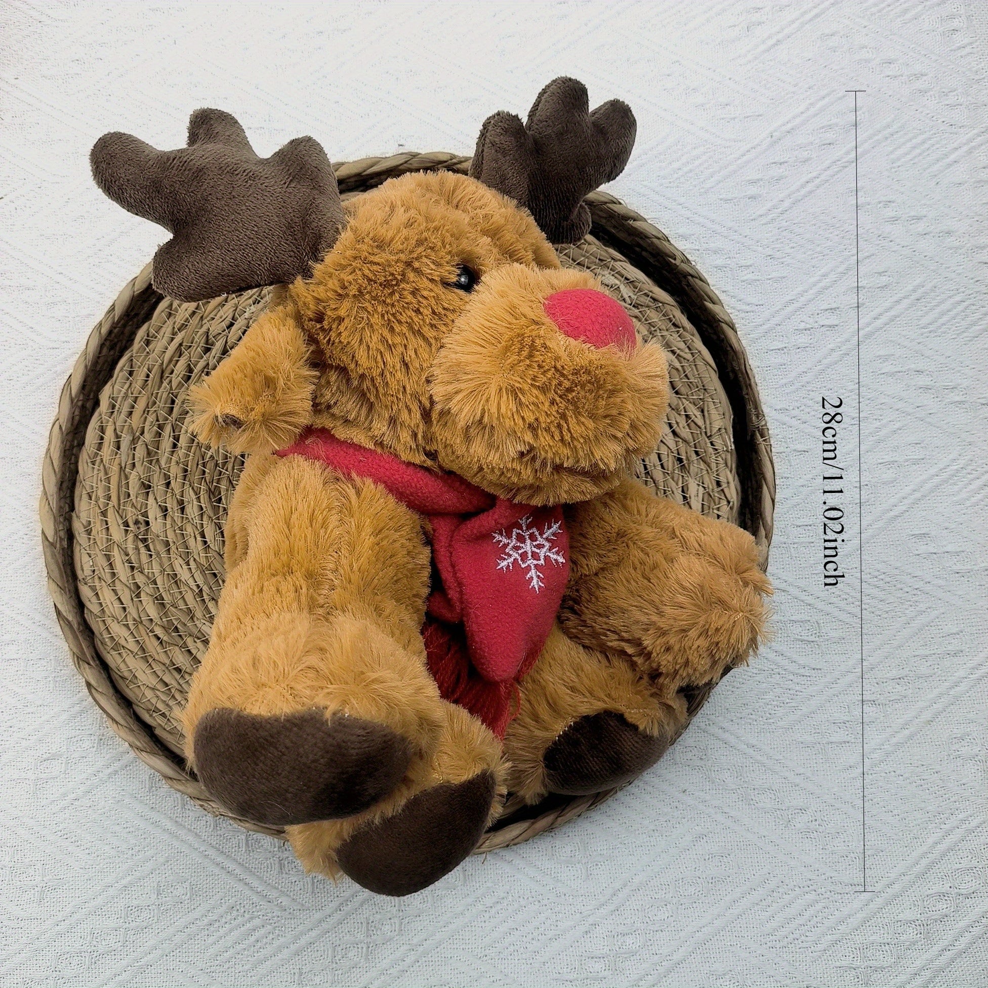 Christmas Reindeer Plush Toy Stuffed Animal with Antlers, Nose, and Scarf