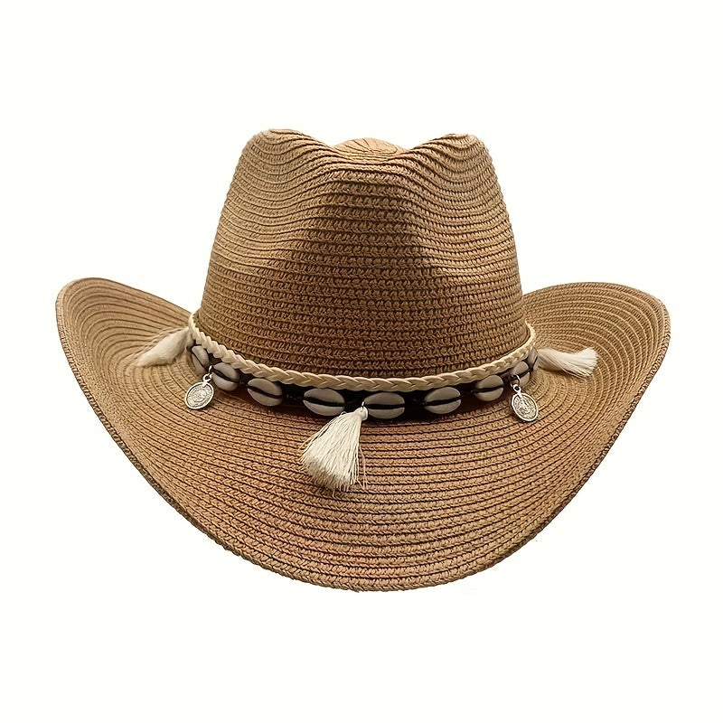 Breathable Sunshade Cowboy Hat with Seashells & Tassel Belts