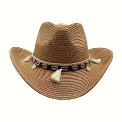 Breathable Sunshade Cowboy Hat with Seashells & Tassel Belts
