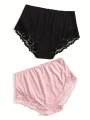 2 Pack Plus Size Lace Briefs Set Women's Mid Rise Breathable Panties