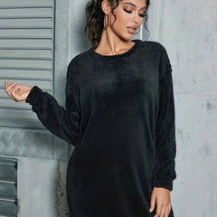 Plush Pullover Sweatshirt Dress Long Sleeve Crew Neck