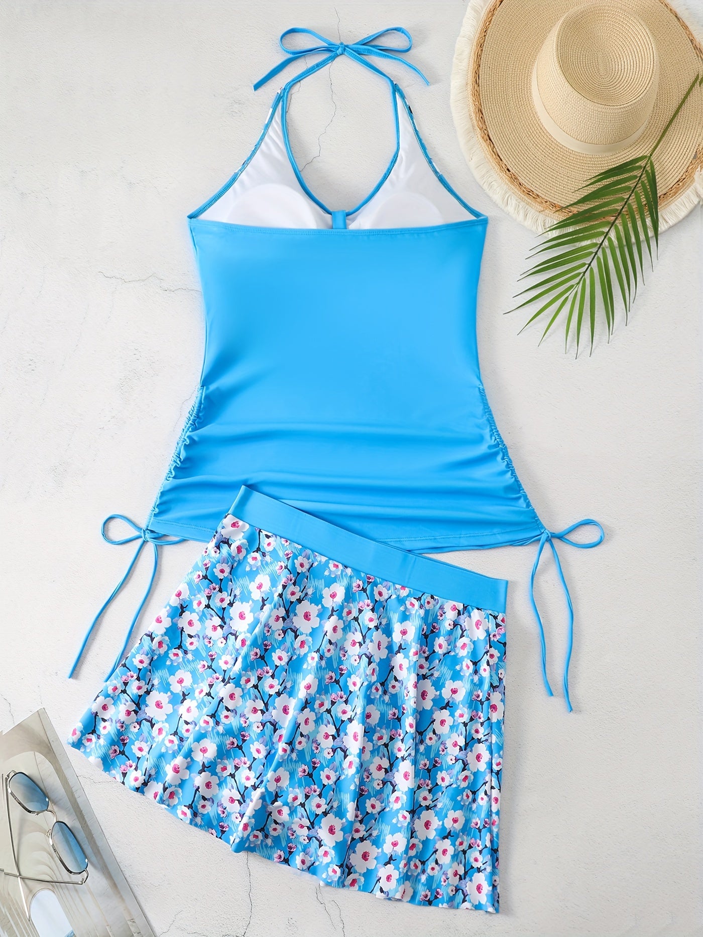 Modest Tankini Set Women's Plus Floral Print Button Decor Lace Up Halt
