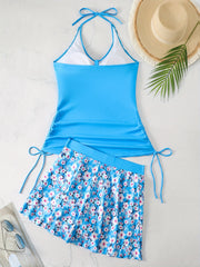 Modest Tankini Set Women's Plus Floral Print Button Decor Lace Up Halt