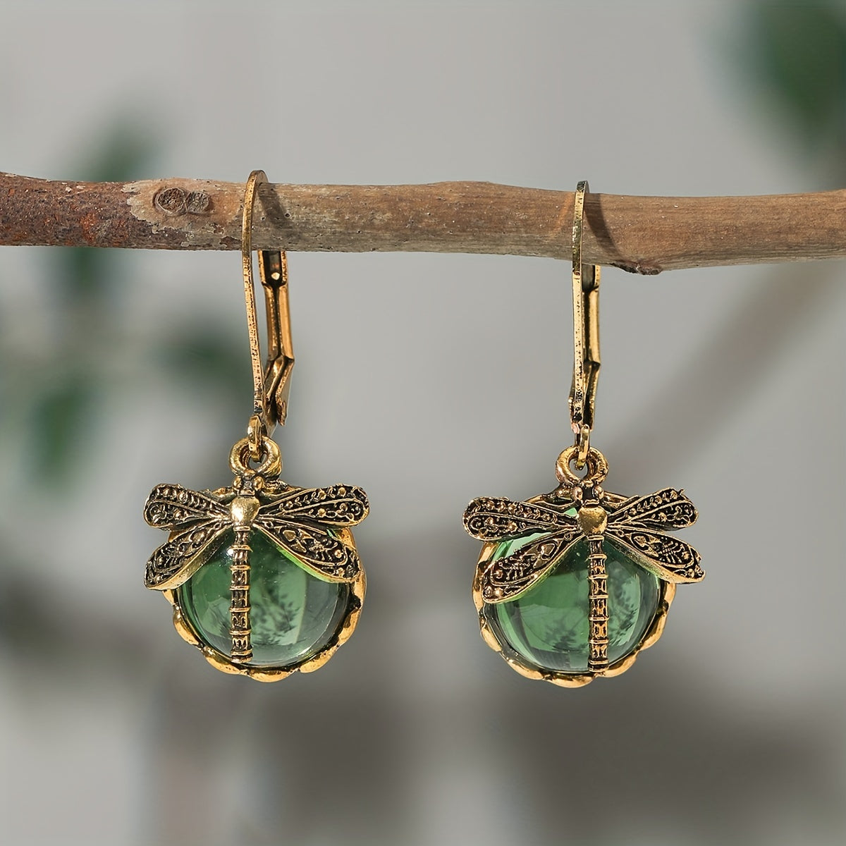 Retro Dragonfly Green Pendant Earrings Bohemian Style Jewelry