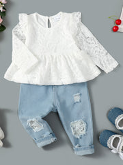 Girls Lace Fly Sleeve Top & Ripped Denim Jeans Set