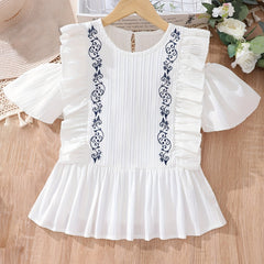 Girl s Shirt Porcelain Floral Embroidered Flutter Sleeve Peplum Blouse Top