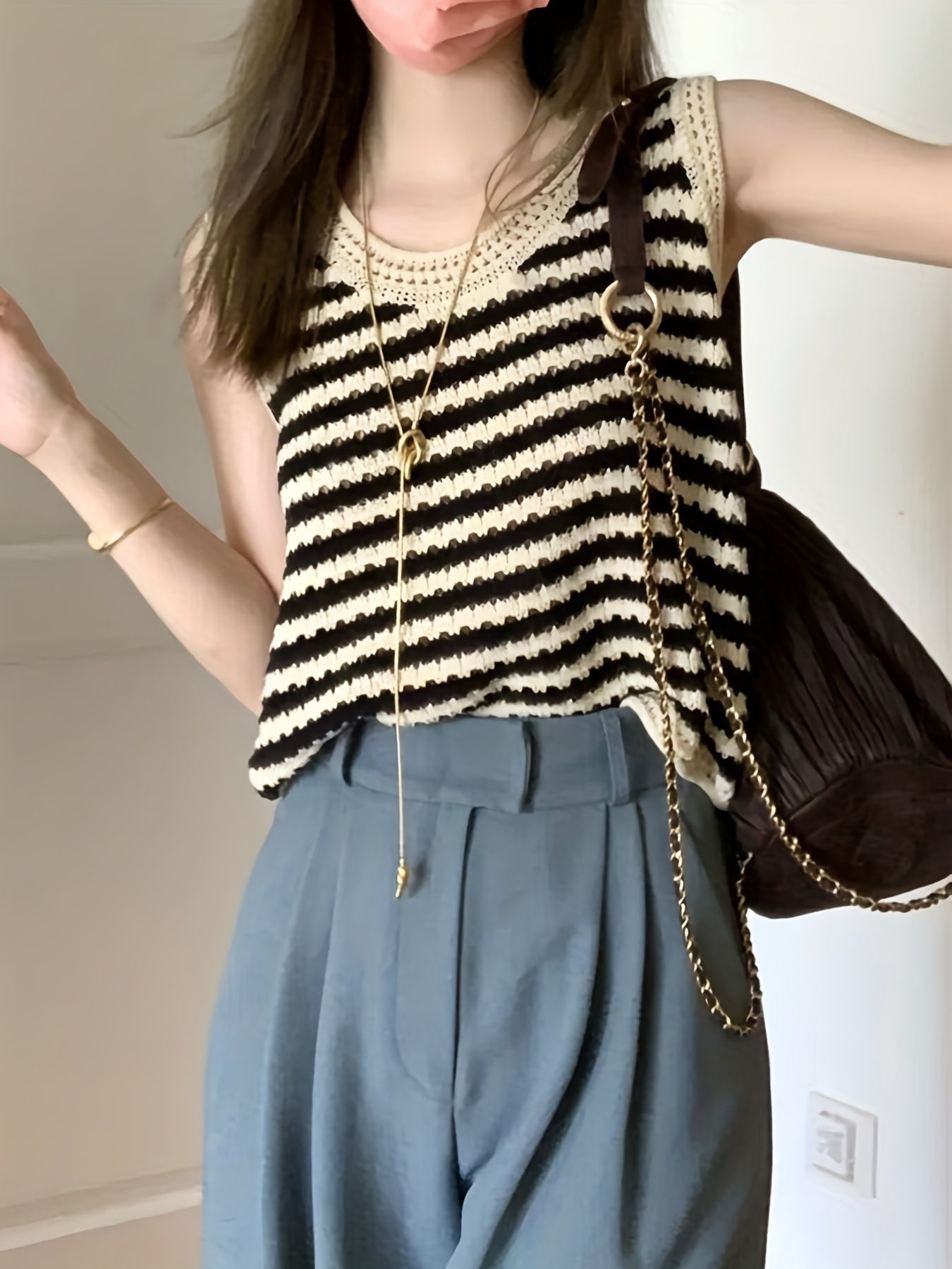 Striped Cut Out Tank Top Casual Sleeveless Knitted Top